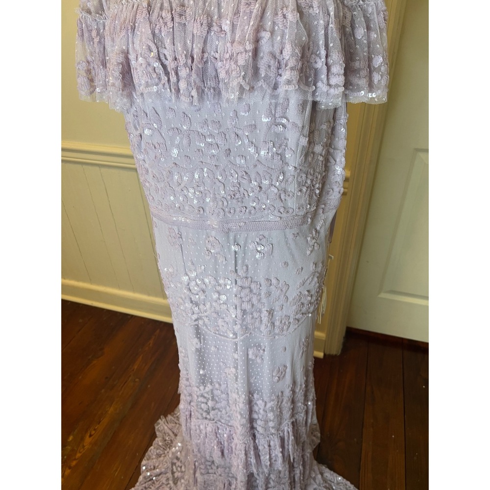 Mac Duggal 9195 Lavender Sequin Floral Lace Tiered Gown Ruffle Capelet Maxi - Picture 7 of 16